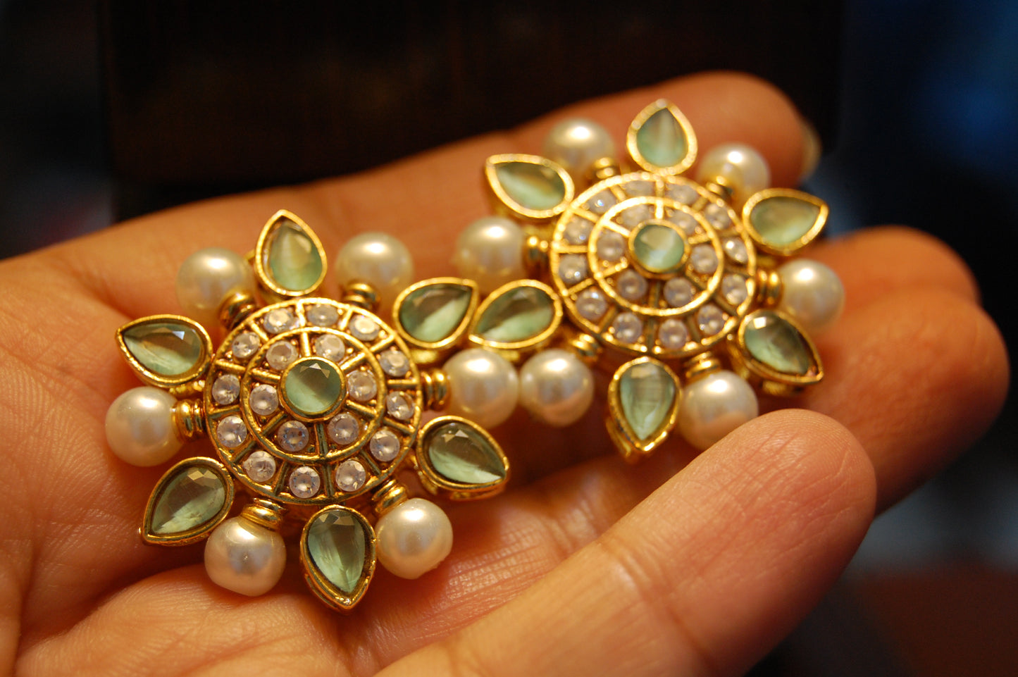 JADE GREEN, ZIRCON WITH PEARLS EARRINGS