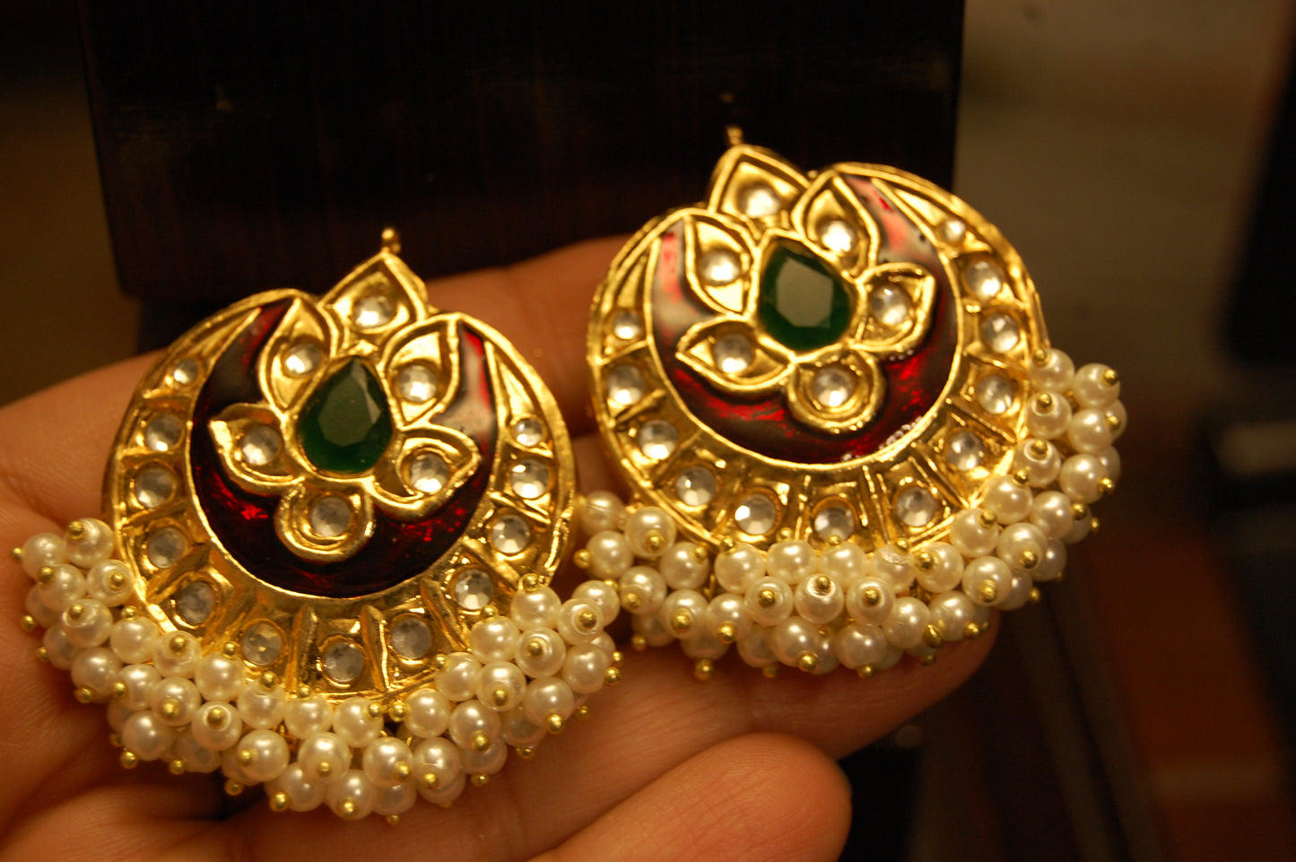 RED MEENA WITH GREEN STONE EARRINGS