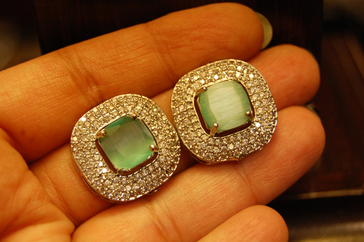 JADE GREEN & ZIRCON EARRINGS