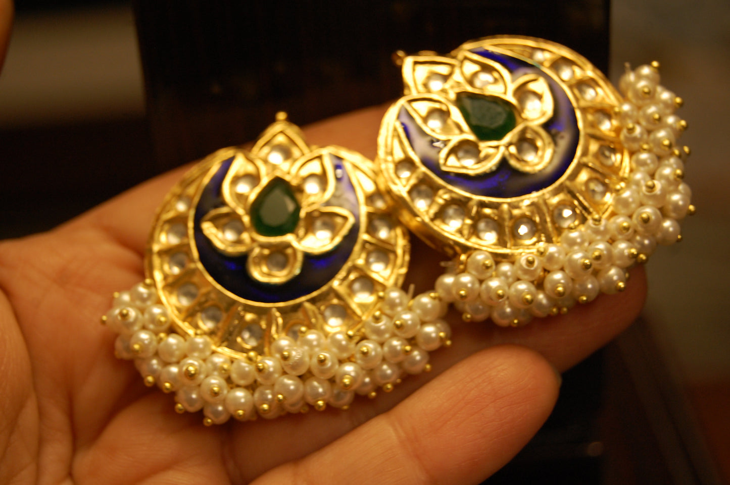 BLUE MEENA WITH BLUE STONE & PEARLS EARRINGS