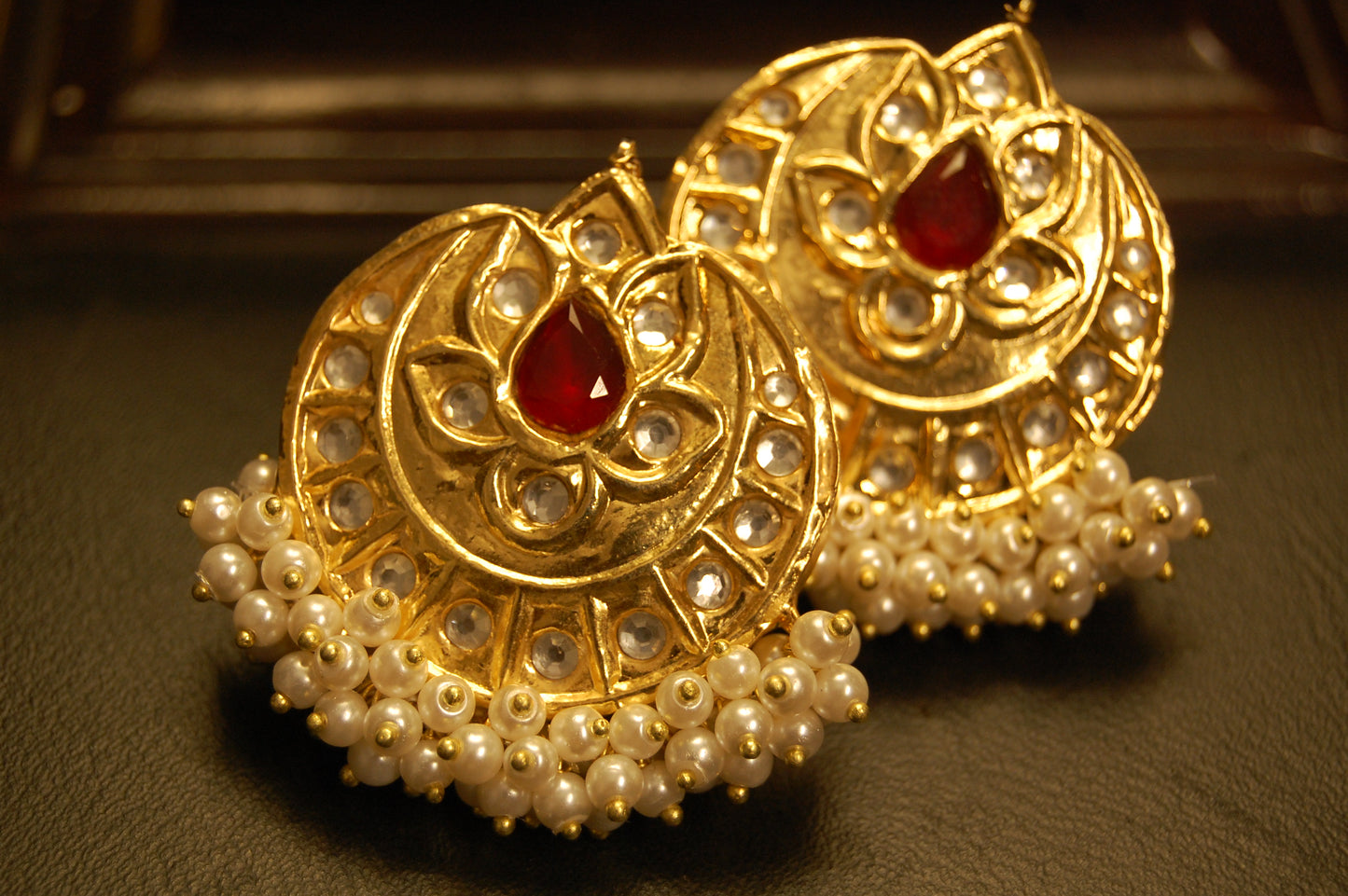 GOLDEN & RED STONE WITH PEARLS EARRINGS