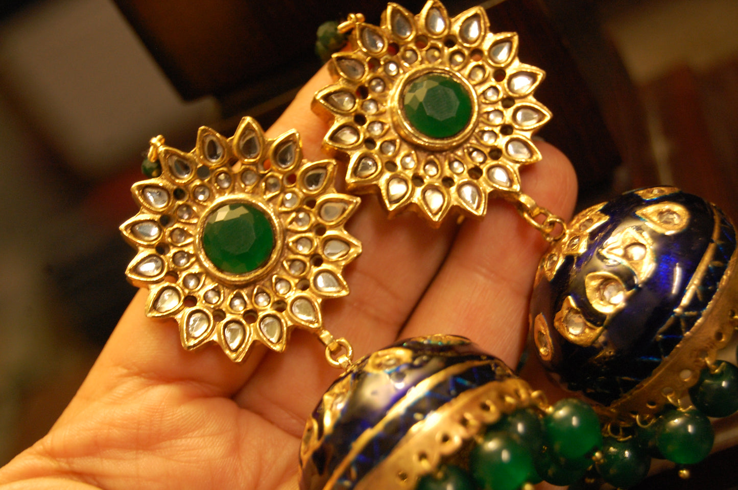 BLUE MEENA & GREEN KUNDAN JHUMKAS