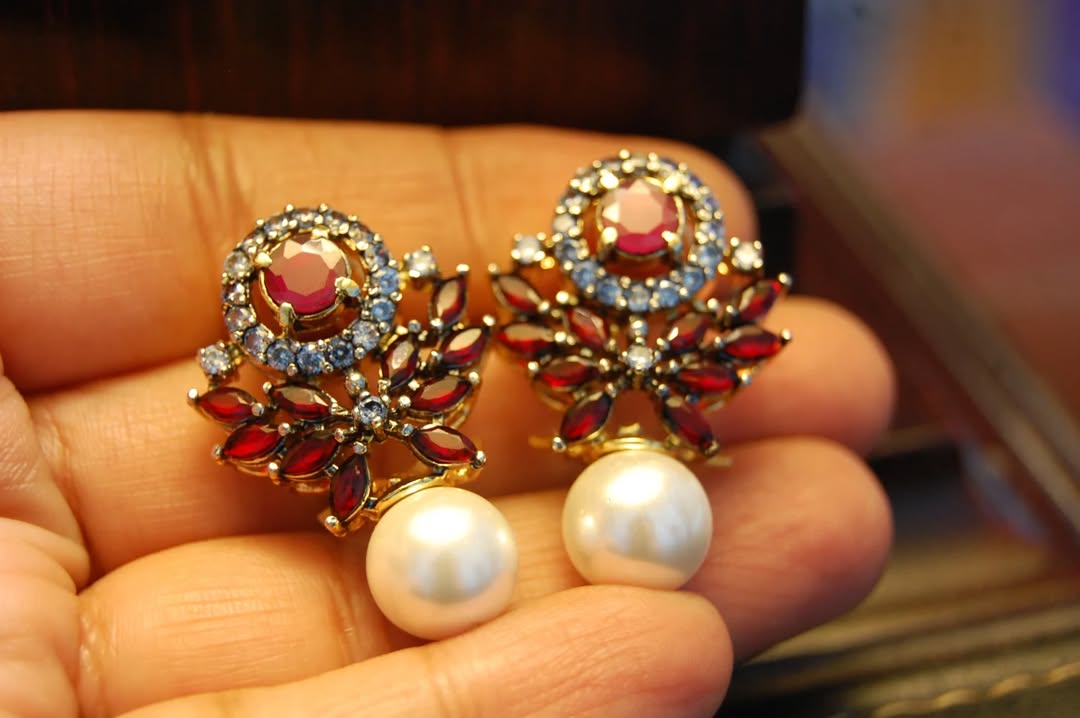 RED, PEARL & ZIRCON EARRINGS