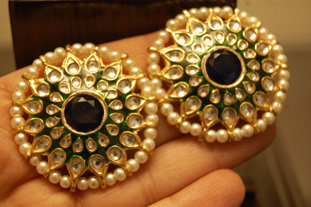 GREEN MEENA EARRINGS WITH KUNDAN & BLUE STONES