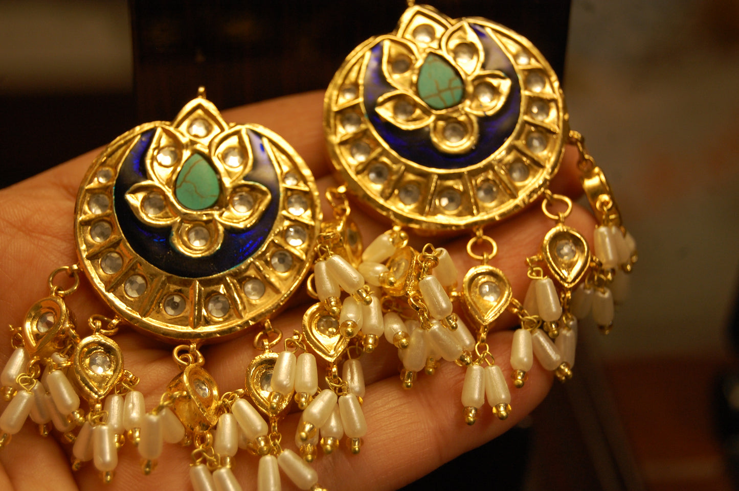 FEROZY STONE & BLUE MEENA EARRINGS WITH PEARLS