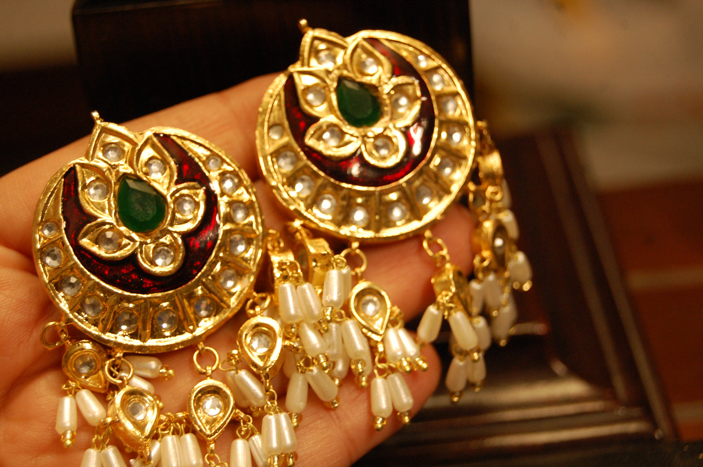 RED MEENA & GREEN EARRINGS WITH PEARLS