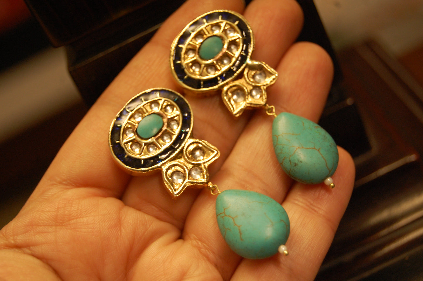 BLUE & FEROZA KUNDAN MEENA EARRINGS