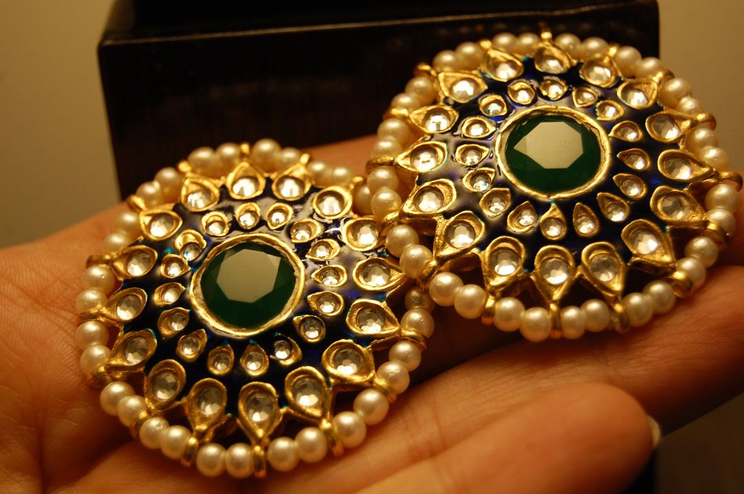 BLUE MEENA EARRINGS WITH KUNDAN & GREEN STONES