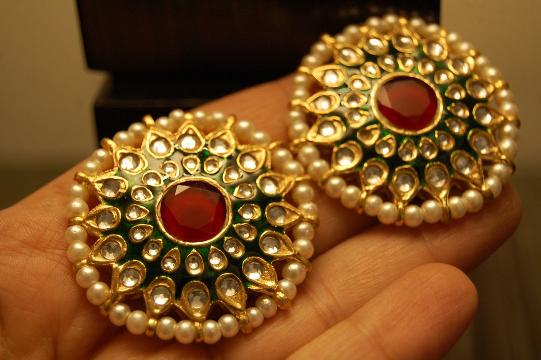 GREEN MEENA EARRINGS WITH KUNDAN & RED STONES