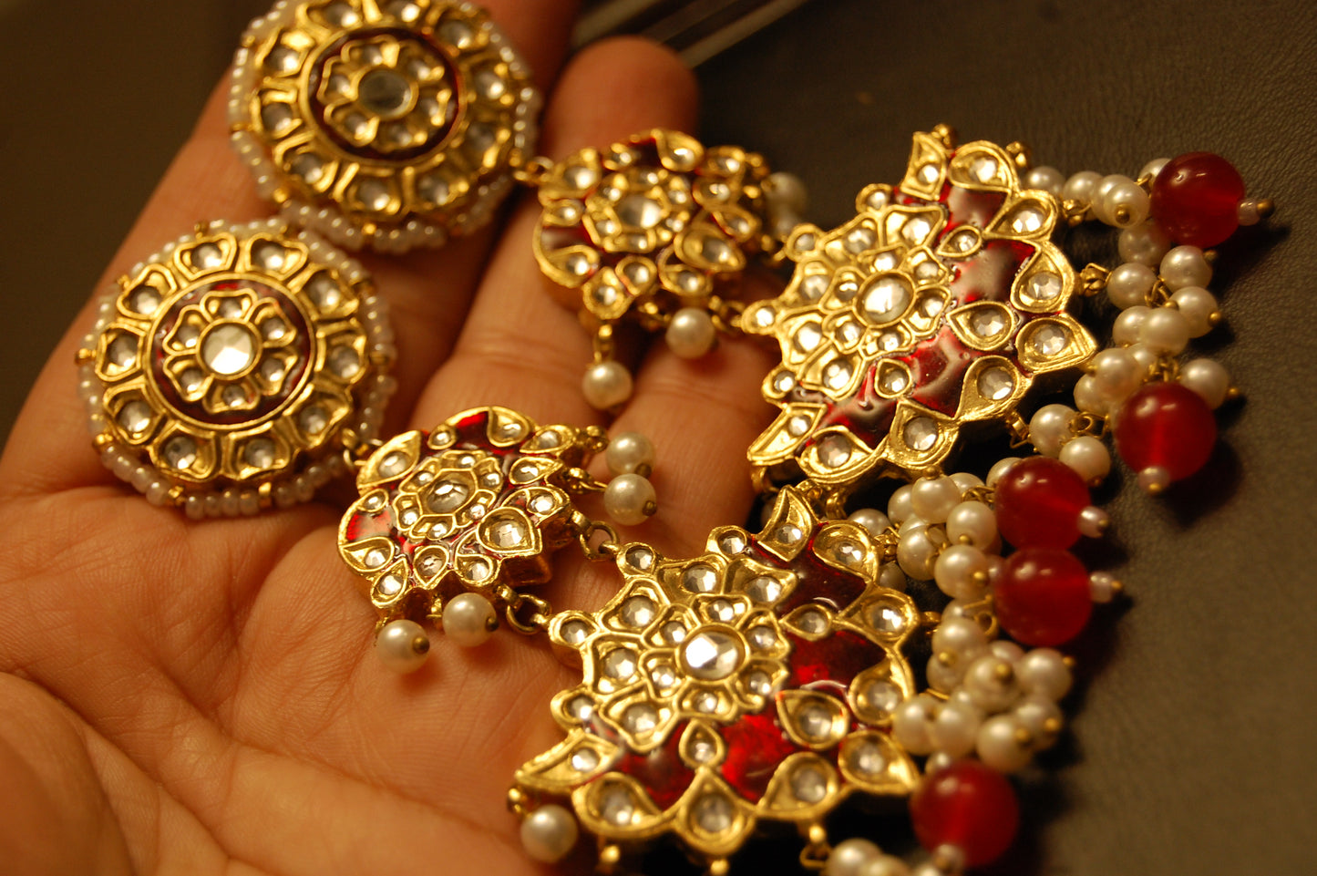 LONG RED MEENA & KUNDAN EARRINGS
