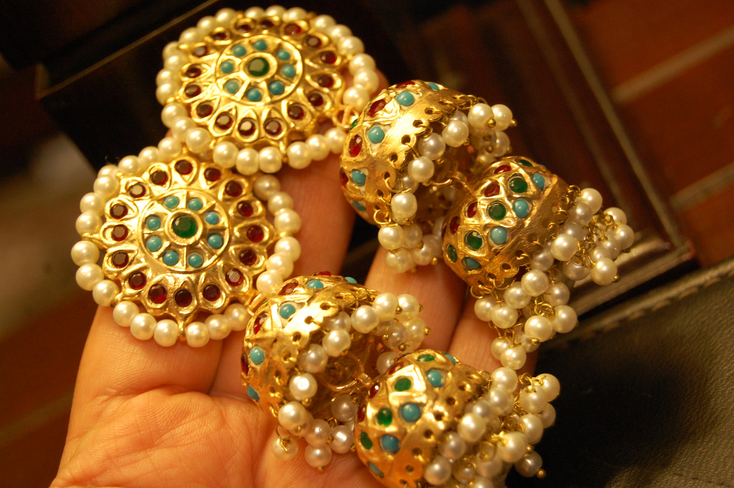 MULTI STONE TWO LAYERED JHUMKAS