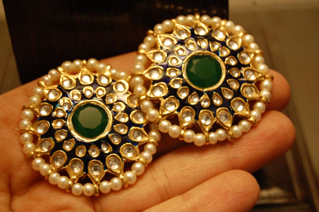 BLUE MEENA EARRINGS WITH KUNDAN & GREEN STONES