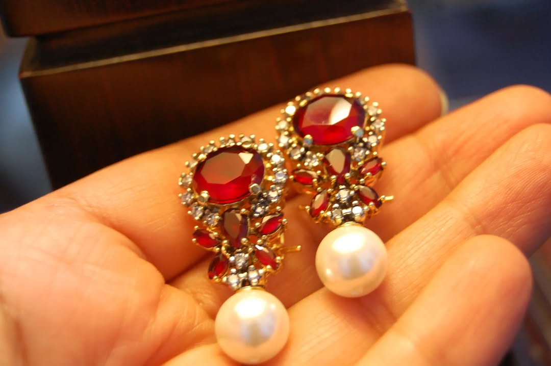 RUBY RED & PEARL EARRINGS