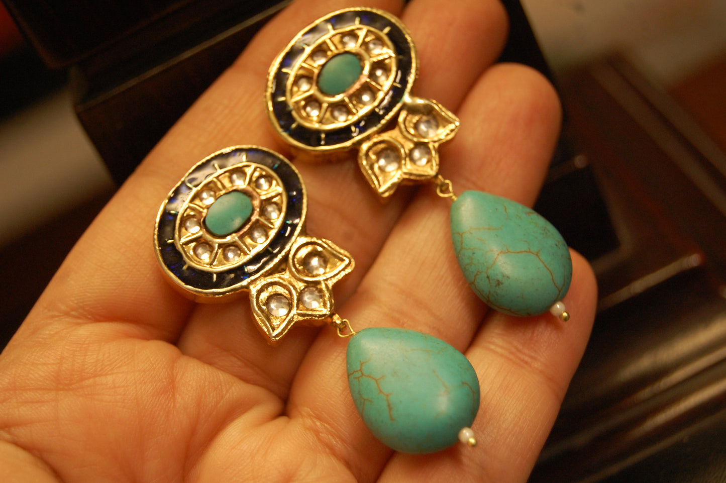 BLUE & FEROZA KUNDAN MEENA EARRINGS