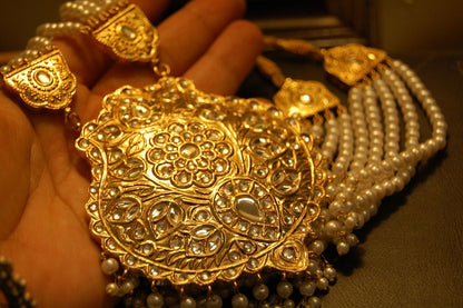 ELEGANT LONG KUNDAN,  PEARLS MALA & EARRINGS SET
