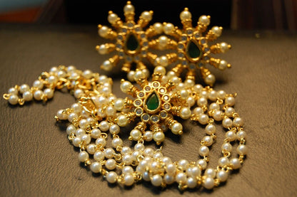 DELICATE GREEN, KUNDAN & PEARLS PENDENT SETS