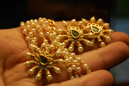 DELICATE GREEN, KUNDAN & PEARLS PENDENT SETS