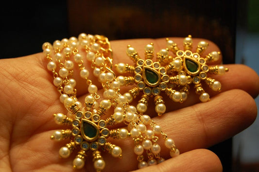 DELICATE GREEN, KUNDAN & PEARLS PENDENT SETS