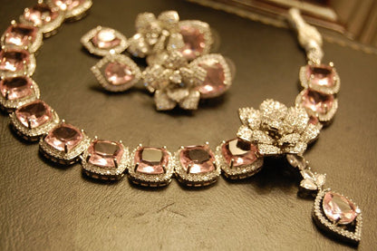 PINK & ZIRCON FLORAL NECKLACE SET