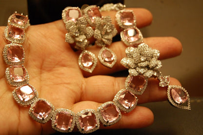 PINK & ZIRCON FLORAL NECKLACE SET