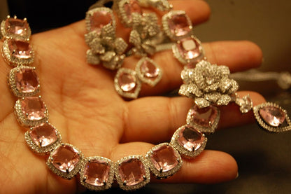 PINK & ZIRCON FLORAL NECKLACE SET