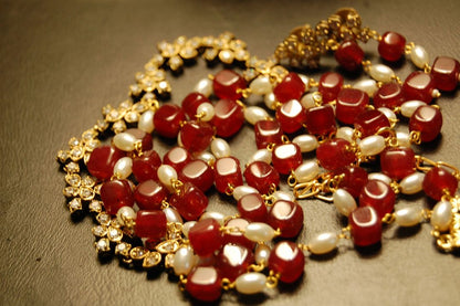 PEARL & RED MALA WITH ZIRCON STRING