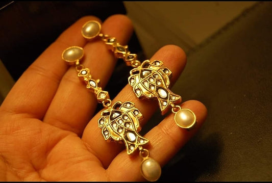 TRADITIONAL FISH STYLE EARRINGS IN PEARLS & KUNDAN