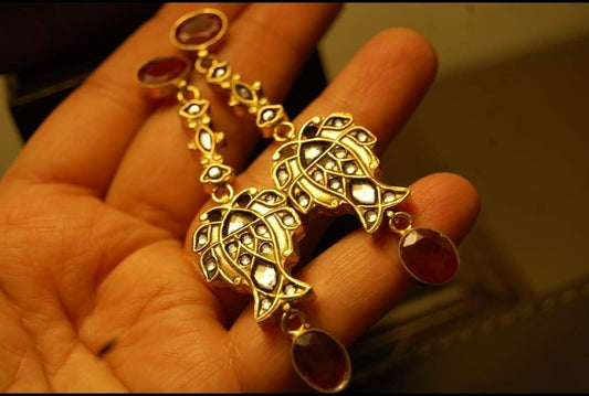 TRADITIONAL LONG FISH EARRINGS IN RED & KUNDAN
