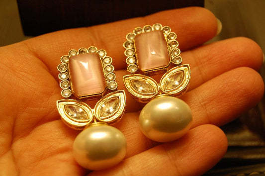 PINK & ZIRCON EARRINGS WITH PEARLS