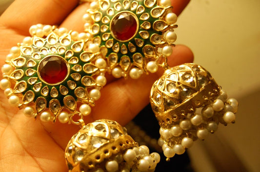 GREEN & RED MEENA & KUNDAN JHUMKAS