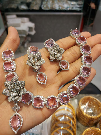 PINK & ZIRCON FLORAL NECKLACE SET