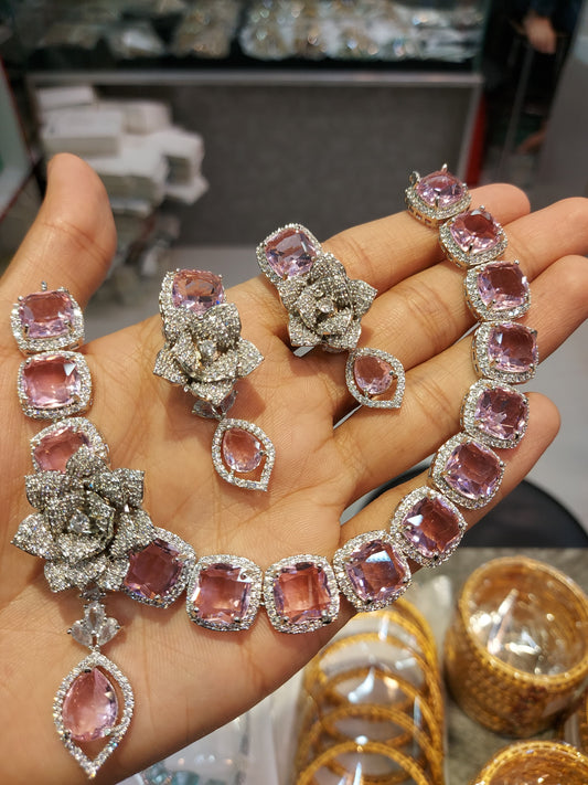 PINK & ZIRCON FLORAL NECKLACE SET