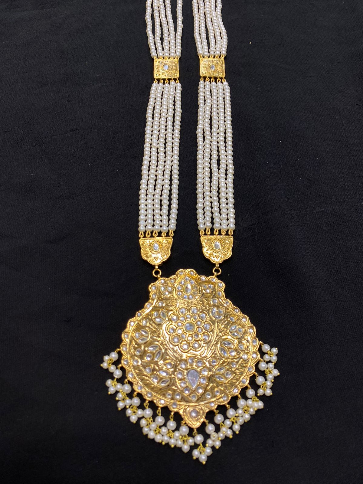 ELEGANT LONG KUNDAN,  PEARLS MALA & EARRINGS SET