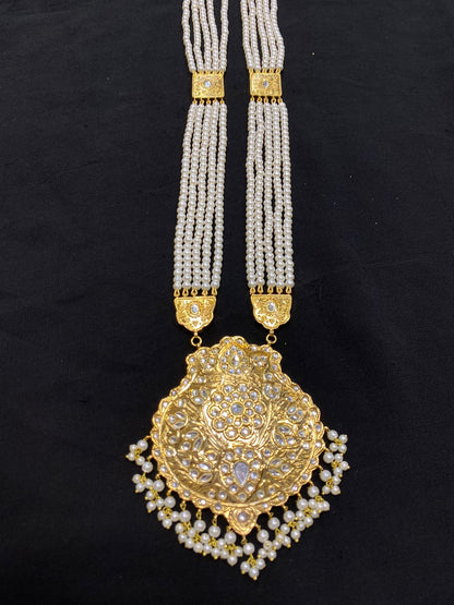 ELEGANT LONG KUNDAN,  PEARLS MALA & EARRINGS SET