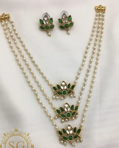 THREE LARI NECKLACE SET IN GREEN & KUNDAN