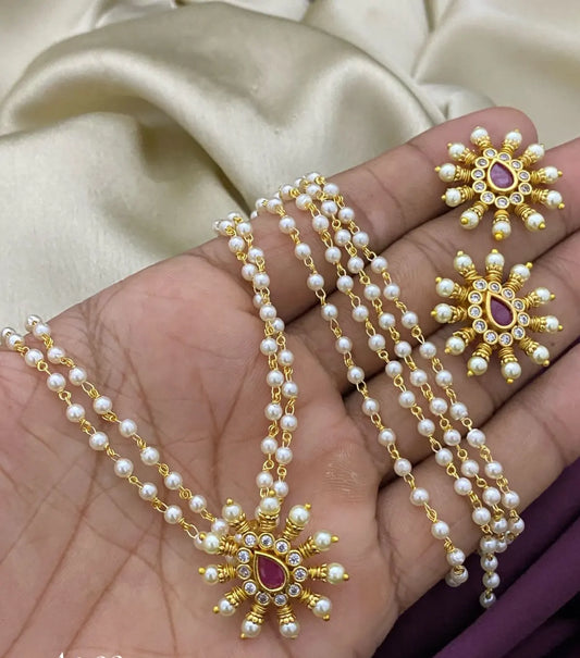 DELICATE RED, KUNDAN & PEARLS PENDENT SETS