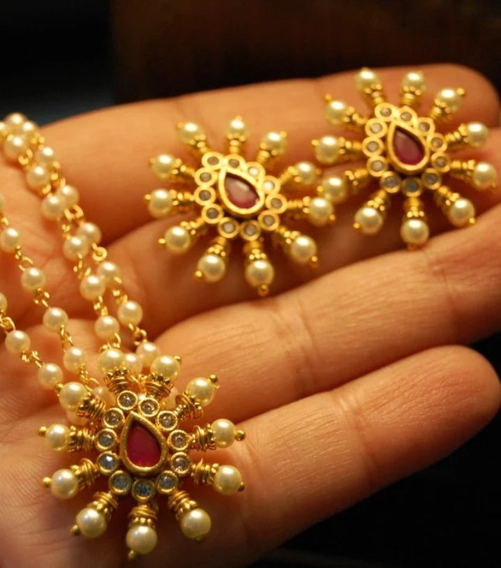 DELICATE RED, KUNDAN & PEARLS PENDENT SETS