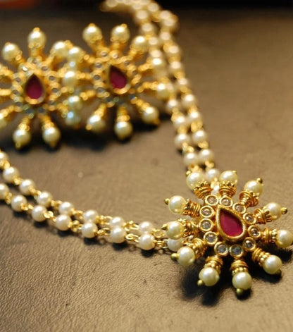 DELICATE RED, KUNDAN & PEARLS PENDENT SETS