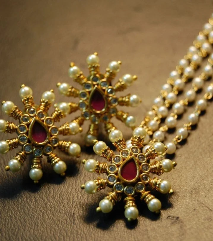 DELICATE RED, KUNDAN & PEARLS PENDENT SETS