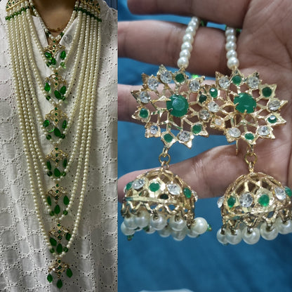 SEVEN LARI HAAR IN GREEN & PEARLS WITH JHUMKAS