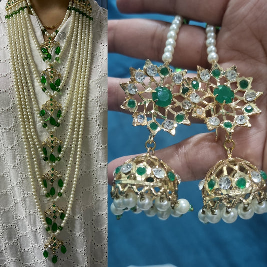 SEVEN LARI HAAR IN GREEN & PEARLS WITH JHUMKAS