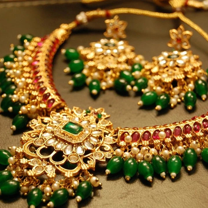 NECKLACE SET IN RED & GREEN STONES WITH KUNDAN