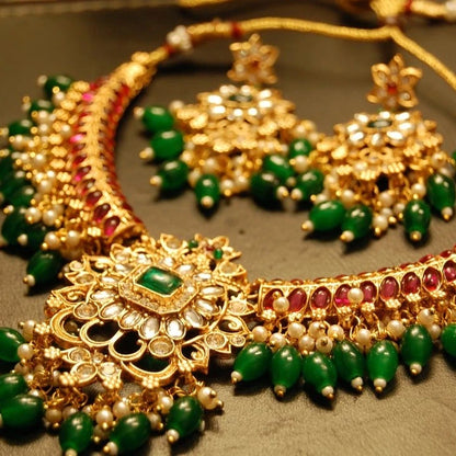 NECKLACE SET IN RED & GREEN STONES WITH KUNDAN