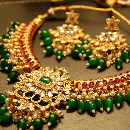 NECKLACE SET IN RED & GREEN STONES WITH KUNDAN