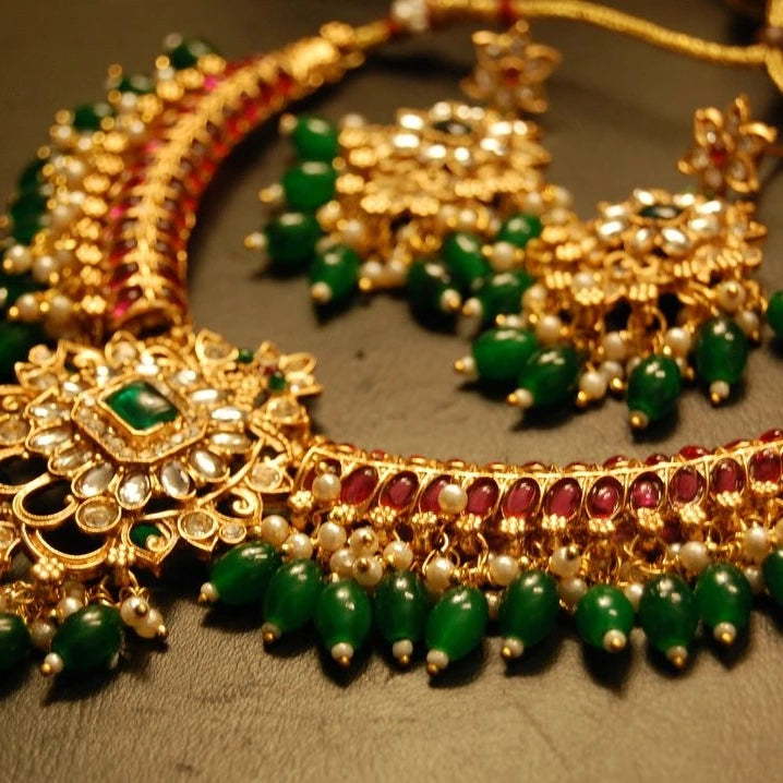 NECKLACE SET IN RED & GREEN STONES WITH KUNDAN