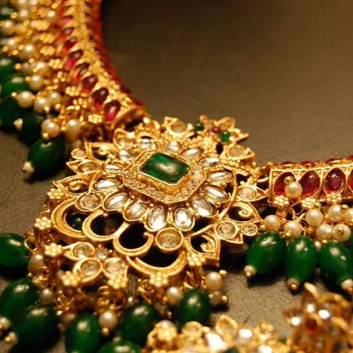 NECKLACE SET IN RED & GREEN STONES WITH KUNDAN