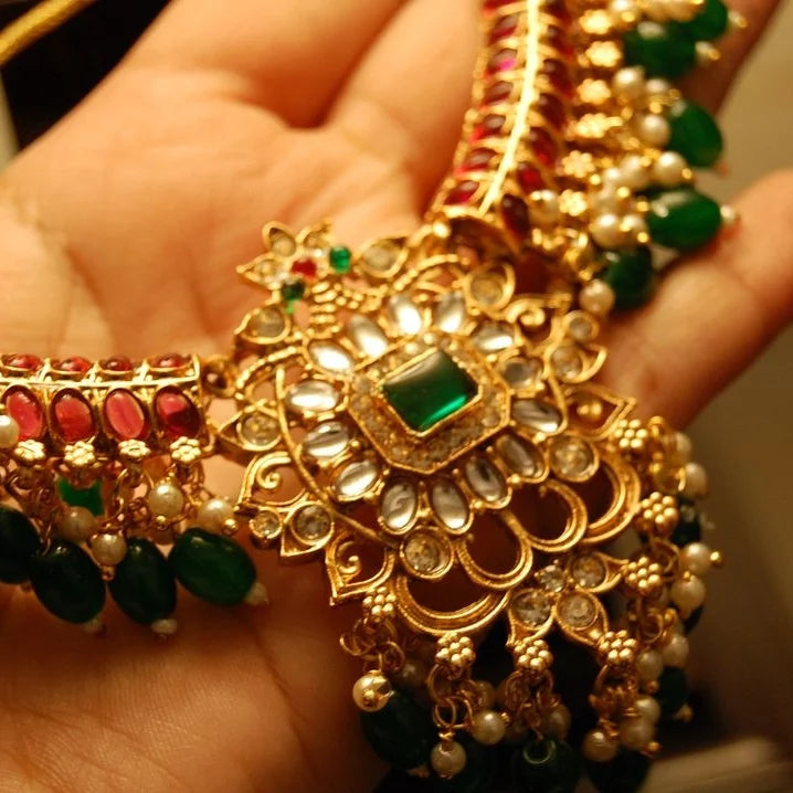 NECKLACE SET IN RED & GREEN STONES WITH KUNDAN