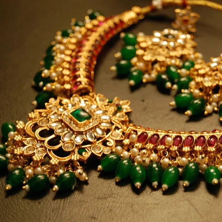 NECKLACE SET IN RED & GREEN STONES WITH KUNDAN