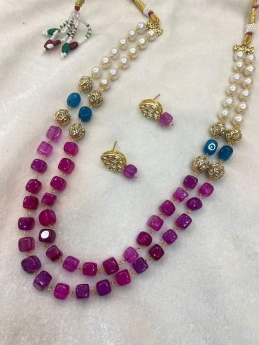 PINK STONES & PEARLS MALA & KUNDAN EARRINGS SET