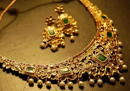 ELEGANT INDIAN SET WITH ZIRCONS, RED & GREEN STONES